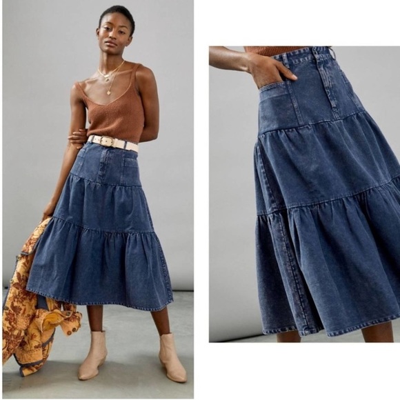 Othila- Anthropologie Navy Denim Midi Skirt - Picture 2 of 9